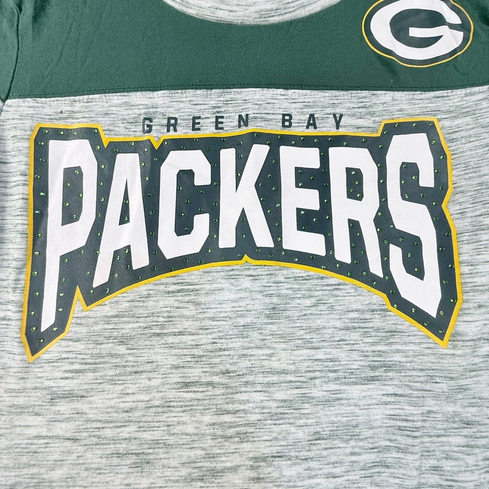 NFL Team Apparel Green Bay Packers Shirt Womens Medium Green Grey Rhinestone 3/4 - Picture 4 of 6